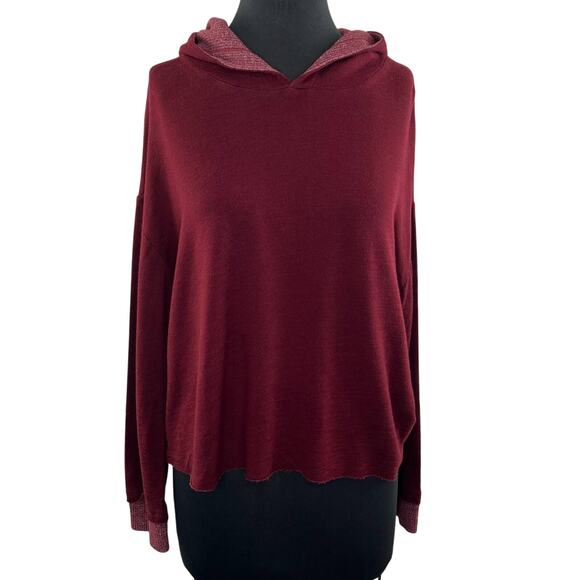 MONROW Burgundy Knit Pullover Ribbed Long Sleeve Hoodie Drop Shoulder Lounge XL - Picture 1 of 7